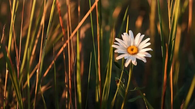 Bright white flower stands alone in tall grass during late afternoon in a field