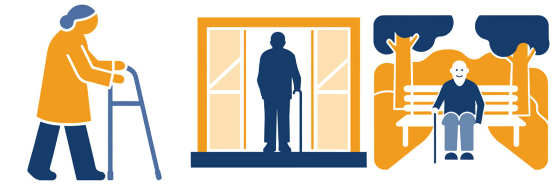 Woman with walker device, silhouette man in doorway, old man sitting on park bench reading book.