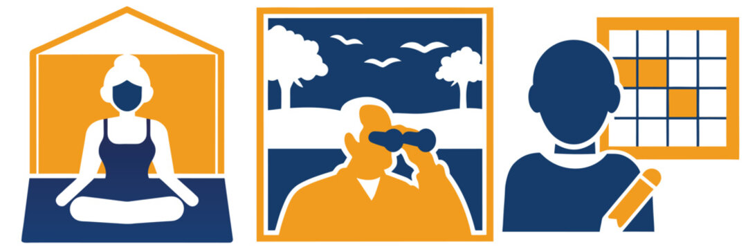 People engaged in various lifestyle activities leisure and professional pursuits and hobbies shown as icons in different settings.