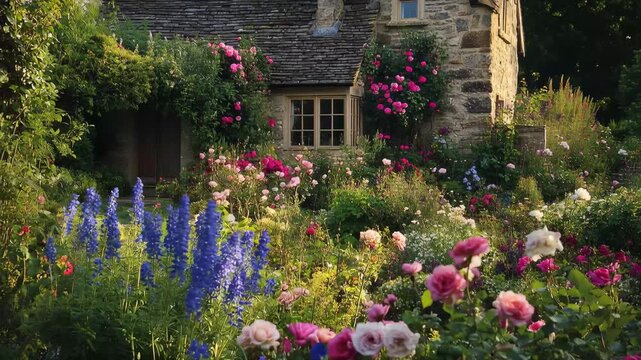 Flowers bloom around a cottage surrounded by lush greenery in a sunny garden setting during the afternoon