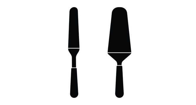 Black cake server and knife minimalist design on transparent background silhouette
