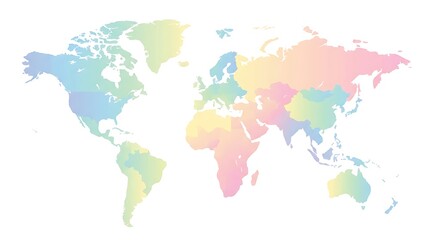 Fototapeta premium Pastel world map illustration, colorful global atlas silhouette, soft rainbow gradient earth map for educational posters and travel infographics