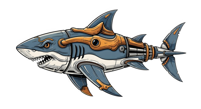 Steampunk mechanical shark illustration with industrial details and robotic features, a powerful marine creature reimagined with gears and metallic accents, detailed aquatic art