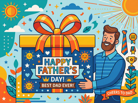 Happy Father&rsquo;s Day Gift Box Illustration with Dad Character, Best Dad Ever Celebration Card, Colorful Festive Vector Design