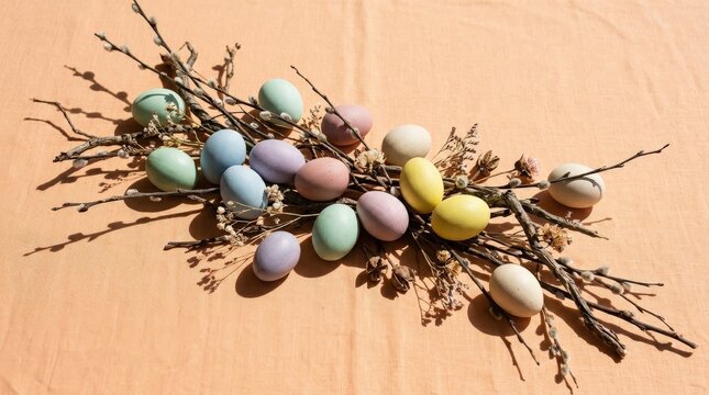 A creative arrangement of pastel Easter eggs on a peach background with hard shadows and dried branches, minimalist spring design with soft modern elegance, ultra-realistic, no logos.