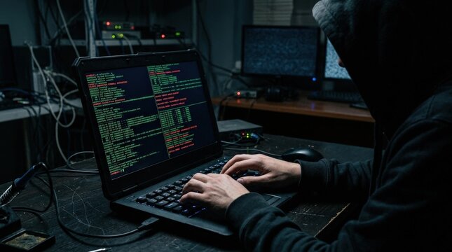 A dimly lit laptop screen filled with green and red code, covert hacking atmosphere with dark cybersecurity tension and moody shadows, ultra-realistic, no logos.