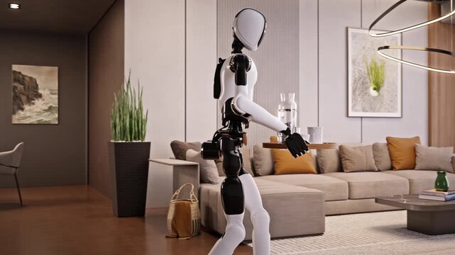 AI-powered Humanoid Robot walks with a tray of dirty dishes across a modern living room, cleans apartment or house. Smart home automation, futuristic housekeeping technology. 3d animation rendering