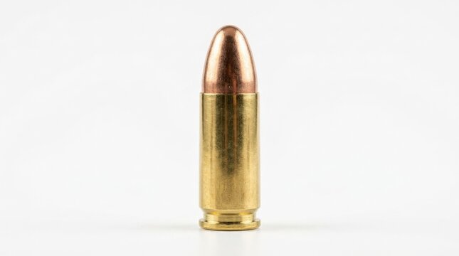 Single polished brass cartridge isolated on a white background, metallic cylindrical form with sharp studio detail, neutral object styling, ultra-realistic, no logos.