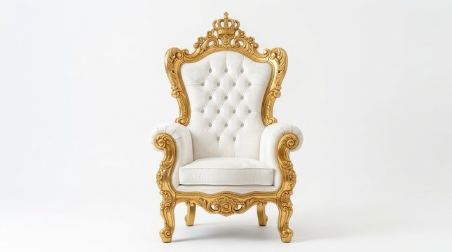 White and gold throne chair isolated on a white background, tufted upholstery and ornate royal detailing, luxurious interior d&eacute;cor mood, ultra-realistic, no logos.