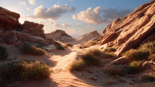 Sandy desert scenery shines on a warm day.