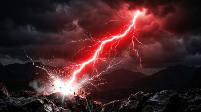A glowing red lightning strike flashes with electric intensity, vivid energy beam and charged impact creating a bold white overlay, ultra-realistic, no logos.