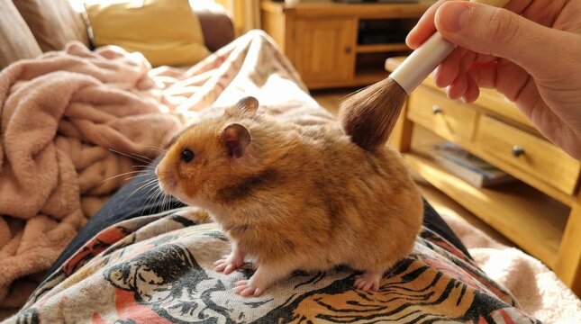 A gentle hand brushing a hamster&rsquo;s fur, tiny paws, soft whiskers and warm domestic setting, intimate close-up light and nurturing affectionate atmosphere, ultra-realistic, no logos.