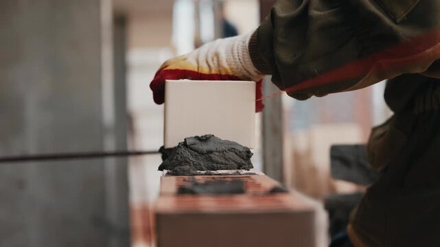 Worker placing white brick onto mortar on wall close up