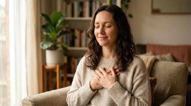 A woman with hands near her chest feeling grateful and thankful, serene expression, soft light and peaceful emotional atmosphere, ultra-realistic, no logos.