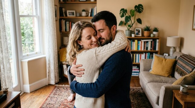 A loving hug at home, intimate embrace, soft indoor daylight, cozy domestic details and comforting emotional warmth, ultra-realistic, no logos.