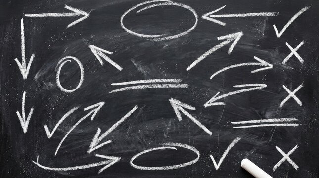 A hand-drawn marker stroke set with arrows, circles, underlines, checks, and crosses, chalkboard-style sketch texture and expressive annotation mood, ultra-realistic, no logos.