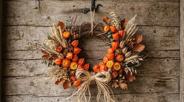 An autumn wreath with dried flowers, orange physalis and raffia on a wooden textured background, warm orange, brown and beige tones creating a cozy rustic feel, ultra-realistic, no logos.