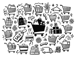 Fototapeta premium Doodle shopping cart elements with sale tags and gifts illustrations