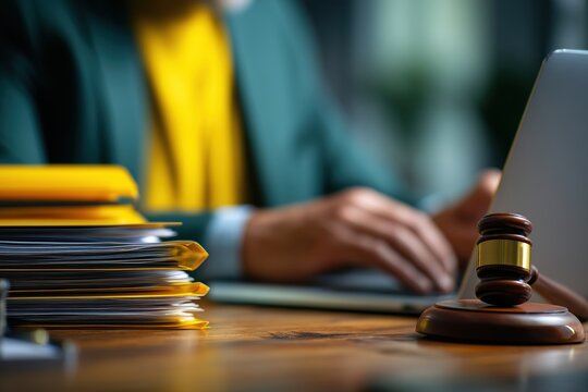 A lawyer works on a laptop with a gavel and stacked files in the foreground.