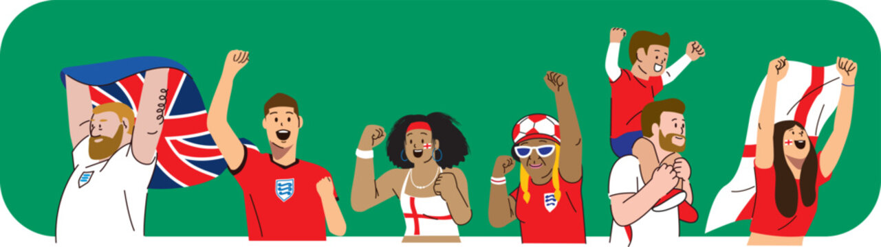 Enthusiastic British football fans cheering for World Cup match illustration.