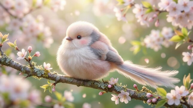 A plush-like dreamy kawaii long-tailed tit sitting calmly, puffed feathers, tiny feet tucked in, pastel tones, glossy soft finish, gentle adorable atmosphere, ultra-realistic, no logos.