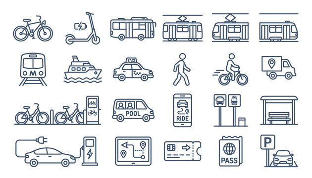 Transportation icons for travel and navigation.
