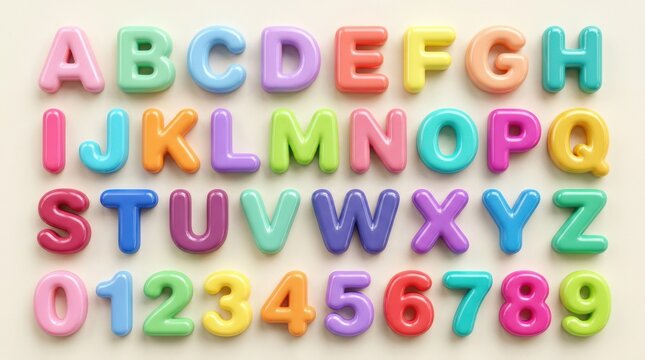 Glossy rounded alphabet and numeral set with candy-like volume, smooth reflective surfaces, vibrant pastel palette, playful premium typography, ultra-realistic, no logos.