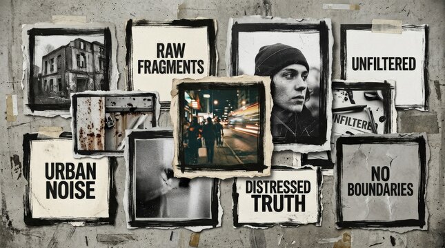 A rough square and rectangle frame set with torn paper edges, black grunge brush borders, distressed texture and bold layout shapes, raw editorial atmosphere, ultra-realistic, no logos.