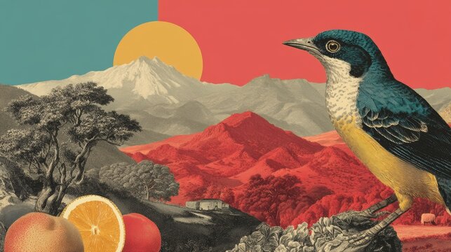 Vintage collage of a colorful bird perched over a surreal mountain landscape with sun, trees and citrus still life elements