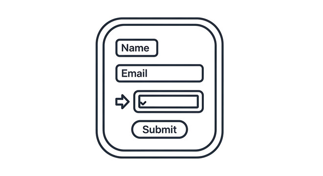 A simple black and white illustration of a form with fields for name, email, and submit button.