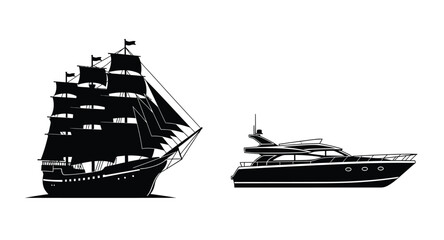Sailing ship and modern yacht illustration on transparent background silhouette © DS