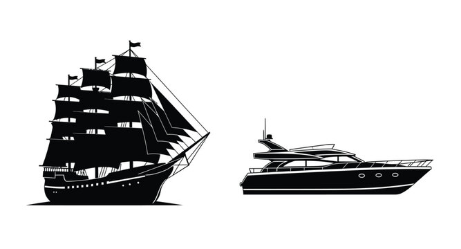 Sailing ship and modern yacht illustration on transparent background silhouette