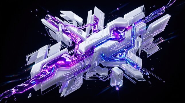 white glass cyber elements suspended over a black backdrop, liquid acrylic surfaces glowing purple and blue with glossy reflections and cinematic contrast, sleek futuristic mood with premium visual