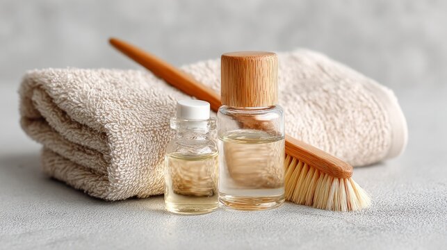 Chemical peel bottles, a towel, and brush rest on a light surface, ready for skin peeling.