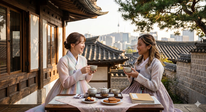 한옥 테라스에서 한복을 입고 전통 차와 다과를 즐기며 대화하는 두 여성, 배경에 남산타워가 보이는 서울의 아름다운 풍경과 한국 전통 문화 컨셉