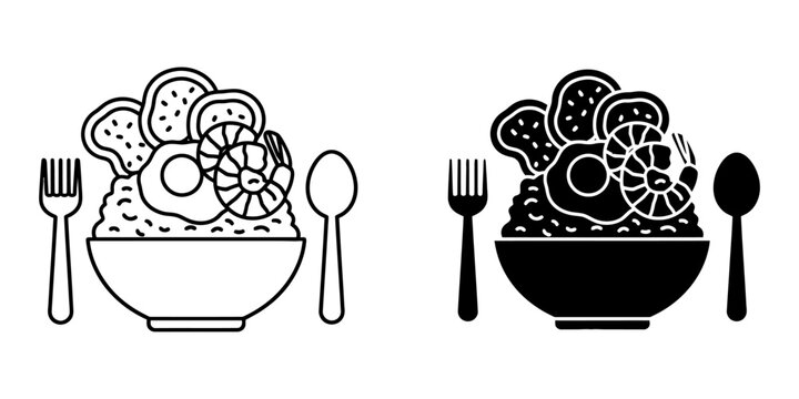 Nasi lemak or nasi uduk bowl with fried egg prawn and crackers outline and silhouette icon set for southeast asian cuisine menu design traditional malaysian food illustration for restaurant branding.