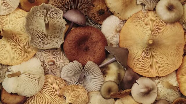 Close Up Forest Mushrooms Rotating Flat Lay Texture Autumn Organic Background. Mushroom Variety Flat Lay Rotating Natural Organic Background Loop