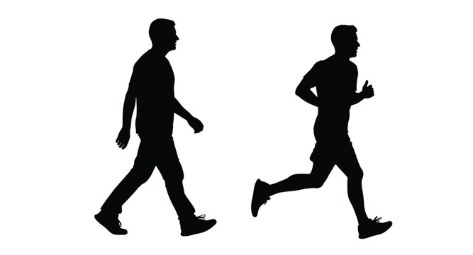 Two men walking and running dynamic poses on transparent background silhouette