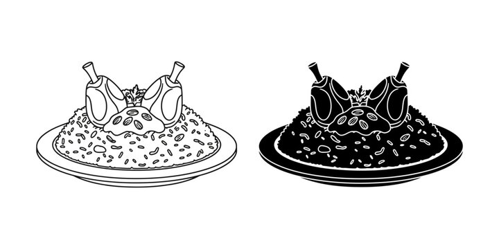 Festive platter of chicken and rice, adorned with spices and herbs, two chicken legs crowning the dish, vector art, celebratory meal presentation.