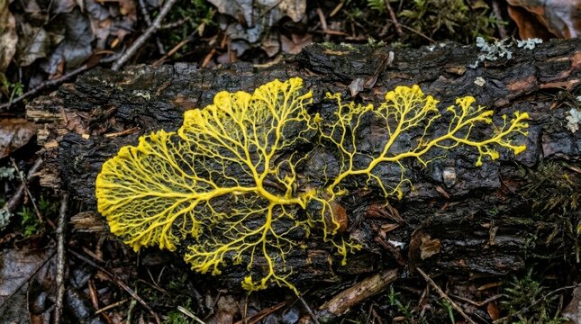 Vibrant Yellow Slime Mold on Decaying Log in Forest.