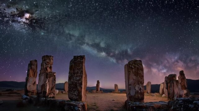 Stars shine over ancient stones at night in a remote location with bright galaxy above