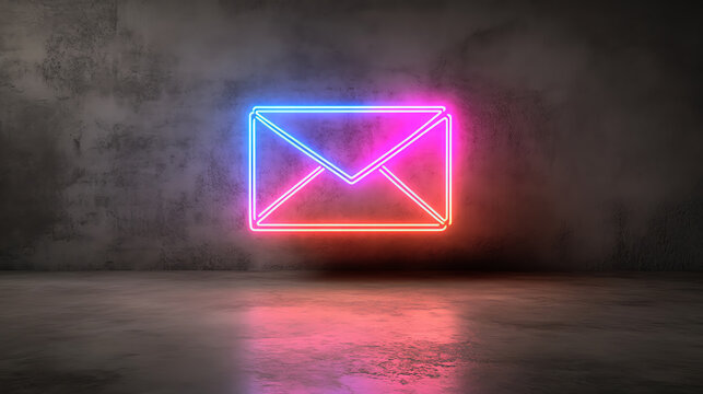 A vibrant neon email icon glowing against a textured dark wall, symbolizing modern communication and digital connectivity.