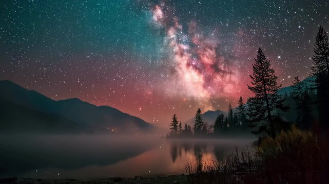 Night sky over a lake with stars and the Milky Way visible in a clear environment during the late hours