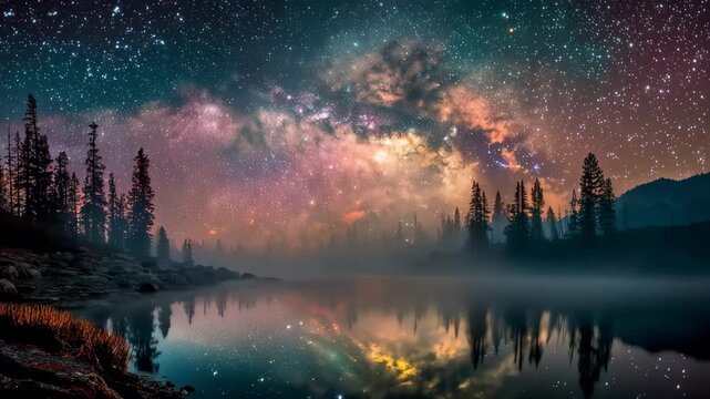 Stars and reflections in a clear night sky over a calm lake with trees surrounding the landscape in a remote area
