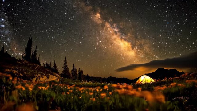 Camping under the stars in a field with flowers at night near the mountains in a clear sky