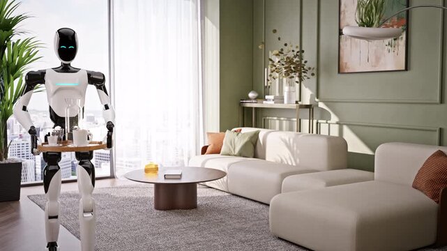 AI-powered Humanoid Robot walks with a tray of dirty dishes across a modern living room, cleans apartment or house. Smart home automation, futuristic housekeeping technology. 3d animation rendering