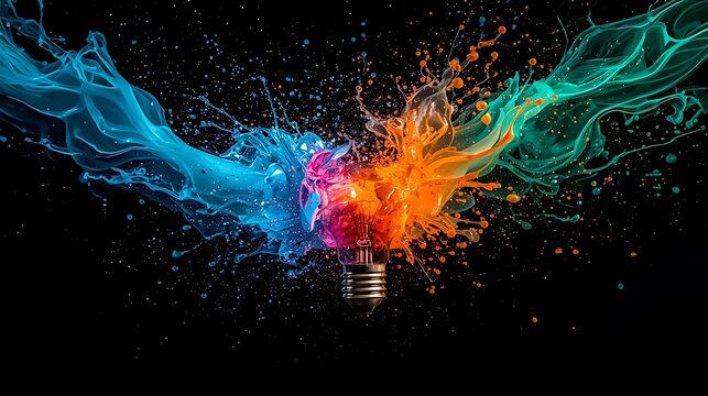 Conceptual scene of an illuminated light bulb shattering into liquid color waves, splashes of bright ink suspended in darkness, capturing the moment creativity breaks boundaries transforms into chaos