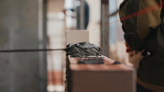 Worker laying brick onto mortar on wall construction site