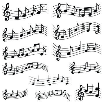 Set of eleven black musical staff segments with various notes and treble clefs isolated on a white background featuring wavy lines and rhythmic notation symbols in a flat style