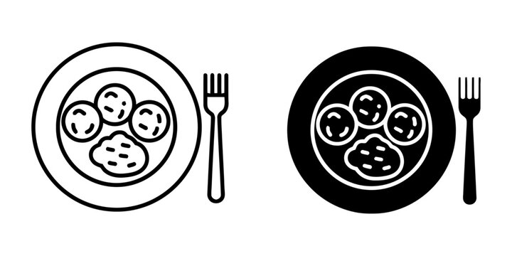 Spaghetti with meatballs icon design in outline and solid versions for italian pasta restaurant menu or cooking school branding projects showing noodles topped with delicious meat and sauce art.